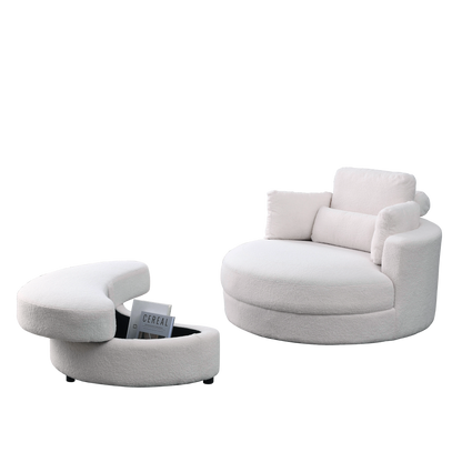 [Video] Welike Swivel Accent Barrel Modern Sofa Lounge Club Big Round Chair with Storage Ottoman Linen Fabric for Living Room Hotel with Pillows,Teddy White (Ivory)