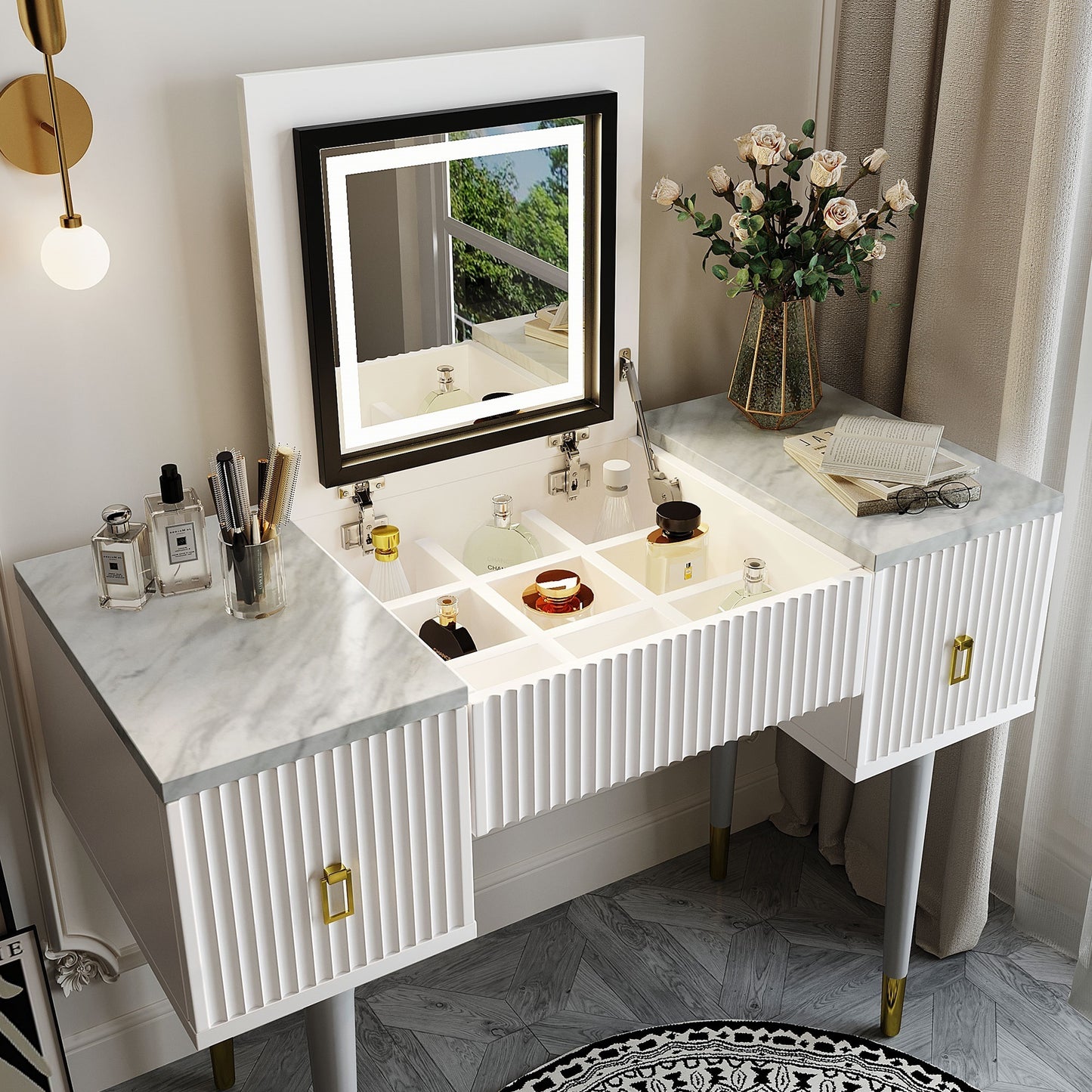 43.3" Modern Vanity Table Set with Flip-top Mirror and LED Light, Dressing Table with Customizable Storage, Marble-style Stickers Tabletop, White and Gray