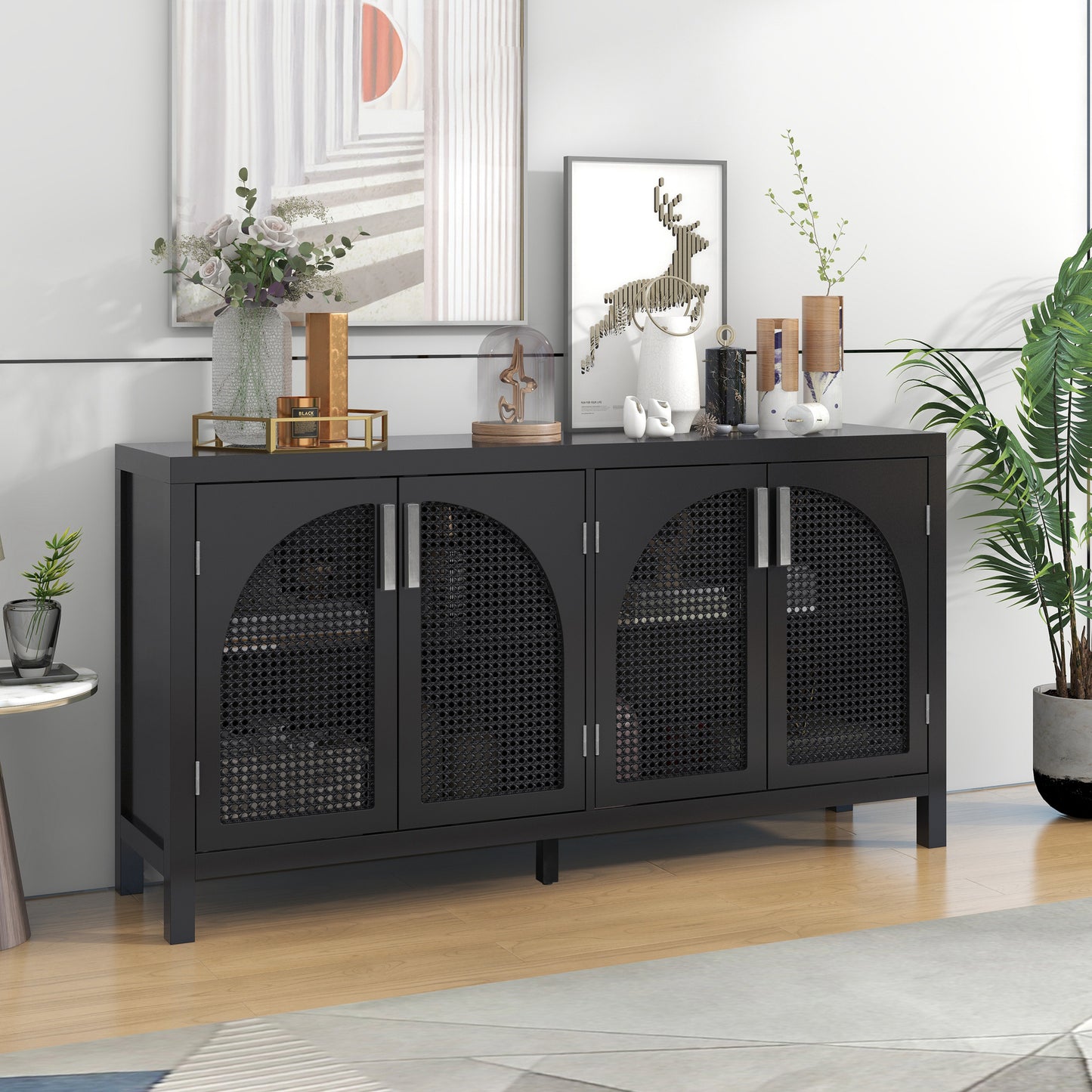 TREXM Large Storage Space Sideboard with Artificial Rattan Door and Metal Handles for Living Room and Entryway (Black)