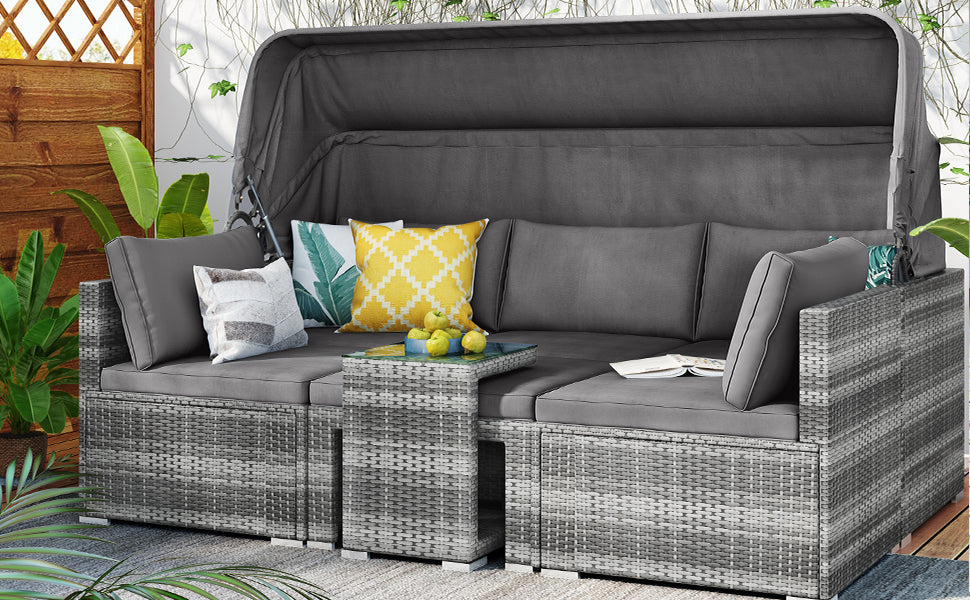 TOPMAX 5 Pieces Outdoor Sectional Patio Rattan Sofa Set Rattan Daybed , PE Wicker Conversation Furniture Set w/ Canopy and Tempered Glass Side Table, Gray