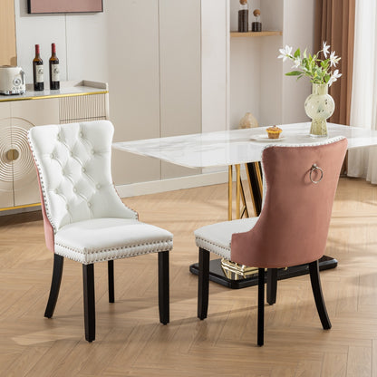 A&A Furniture, Nikki Collection Modern, High-end Tufted Solid Wood Contemporary PU and Velvet Upholstered Dining Chair with Wood Legs Nailhead Trim  2-Pcs Set, White+Pink, SW2101WP