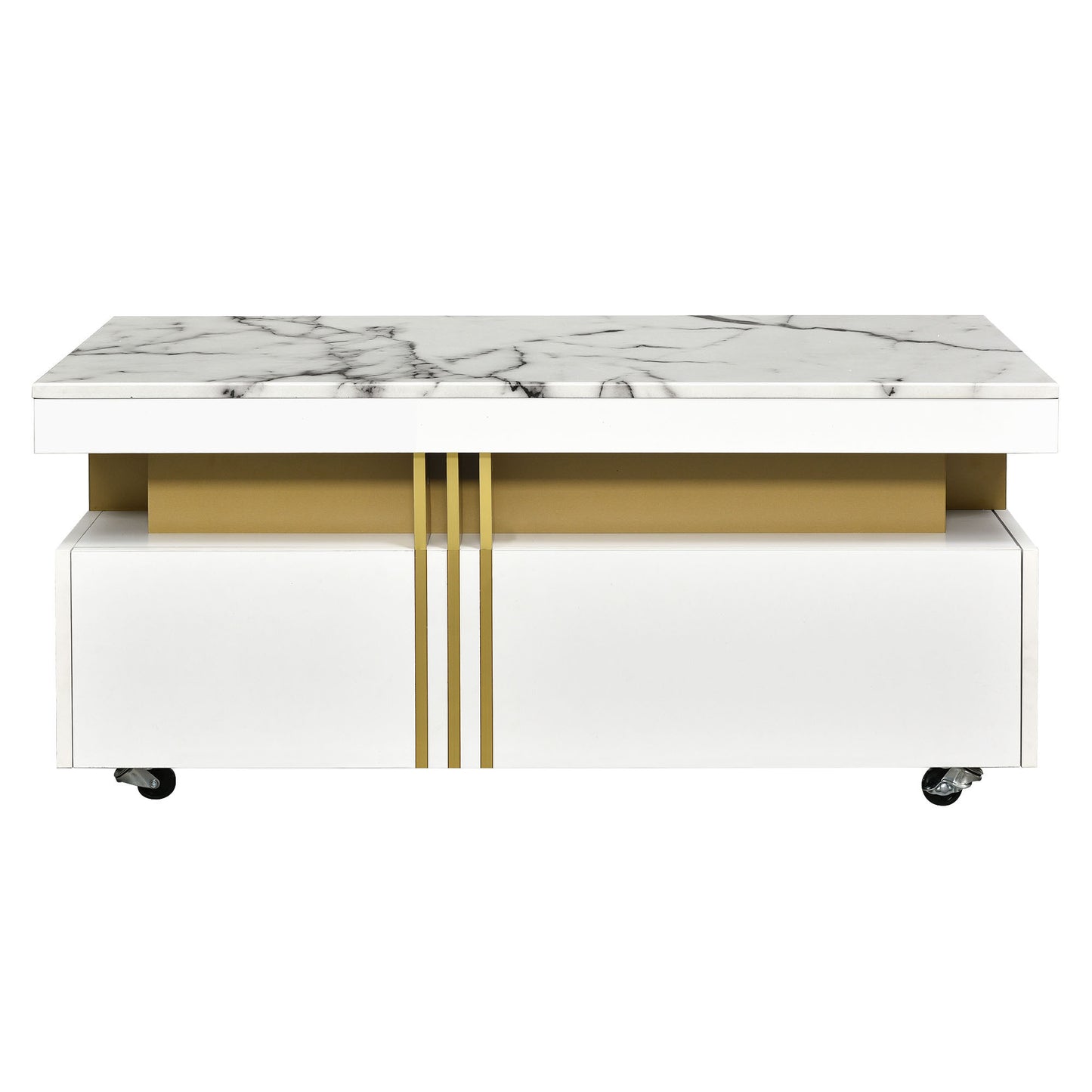 ON-TREND Contemporary Coffee Table with Faux Marble Top, Rectangle Cocktail Table with Caster Wheels, Moderate Luxury Center Table with Gold Metal Bars for Living Room, White