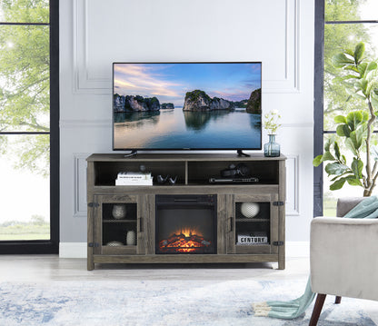 Modern Farmhouse TV Stand with Electric Fireplace, Fit up to 65" Flat Screen TV with Storage Cabinet and Adjustable Shelves Industrial Entertainment Center for Living Room, Grey