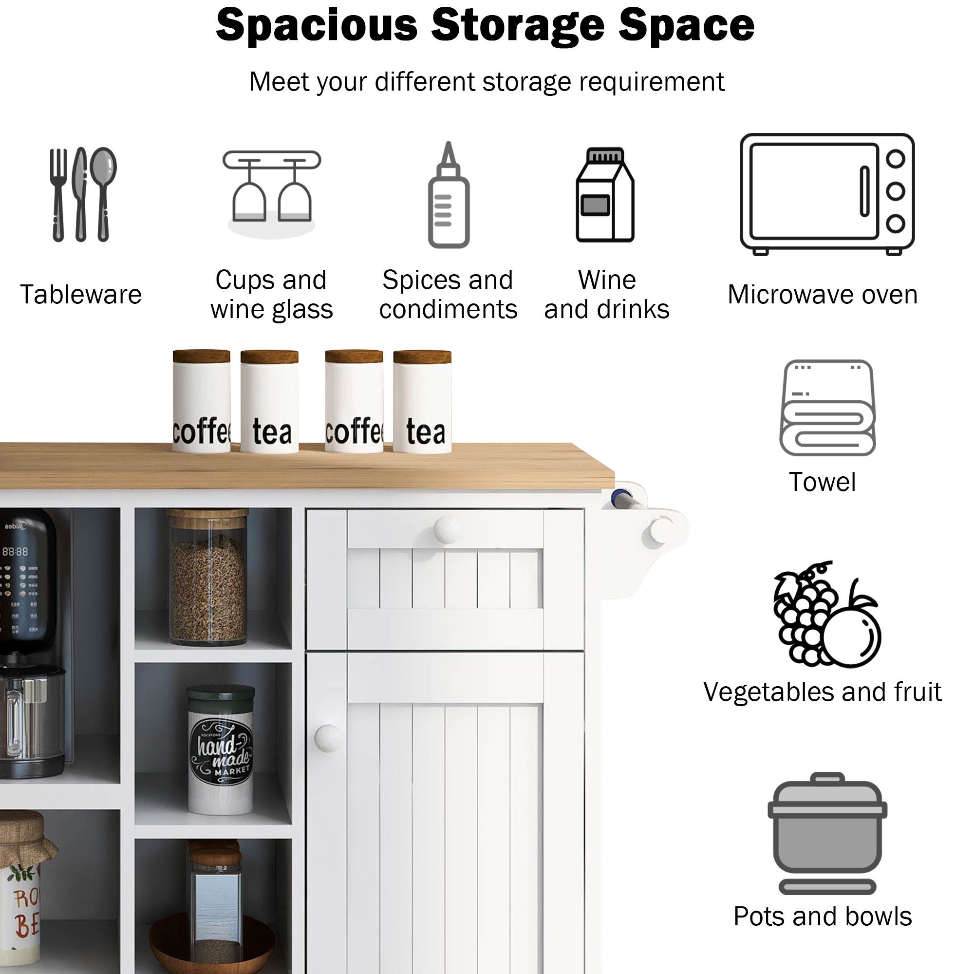 Kitchen Island Cart with Storage Cabinet and Two Locking Wheels,Solid wood desktop,Microwave cabinet,Floor Standing Buffet Server Sideboard for Kitchen Room,Dining Room,, Bathroom(White)