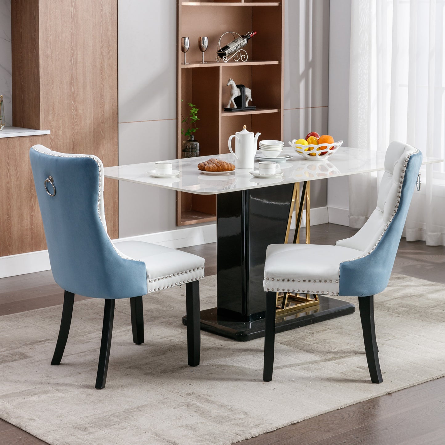 A&A Furniture,Nikki Collection Modern, High-end Tufted Solid Wood Contemporary PU and Velvet Upholstered Dining Chair with Wood Legs Nailhead Trim  2-Pcs Set, White+Light Blue, SW2101WL