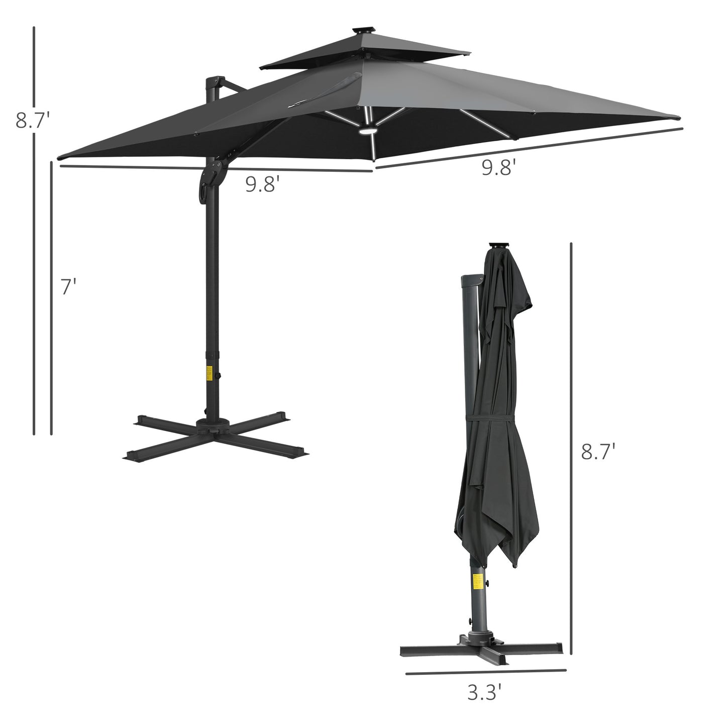 10FT Cantilever Patio Umbrella with Solar LED Lights, Double Top Square Outdoor Offset Umbrella with 360° Rotation, 4-Position Tilt, Crank & Cross Base for Garden, Deck, Pool, Dark Gray