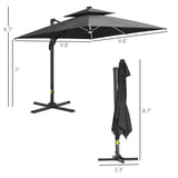 10FT Cantilever Patio Umbrella with Solar LED Lights, Double Top Square Outdoor Offset Umbrella with 360° Rotation, 4-Position Tilt, Crank & Cross Base for Garden, Deck, Pool, Dark Gray