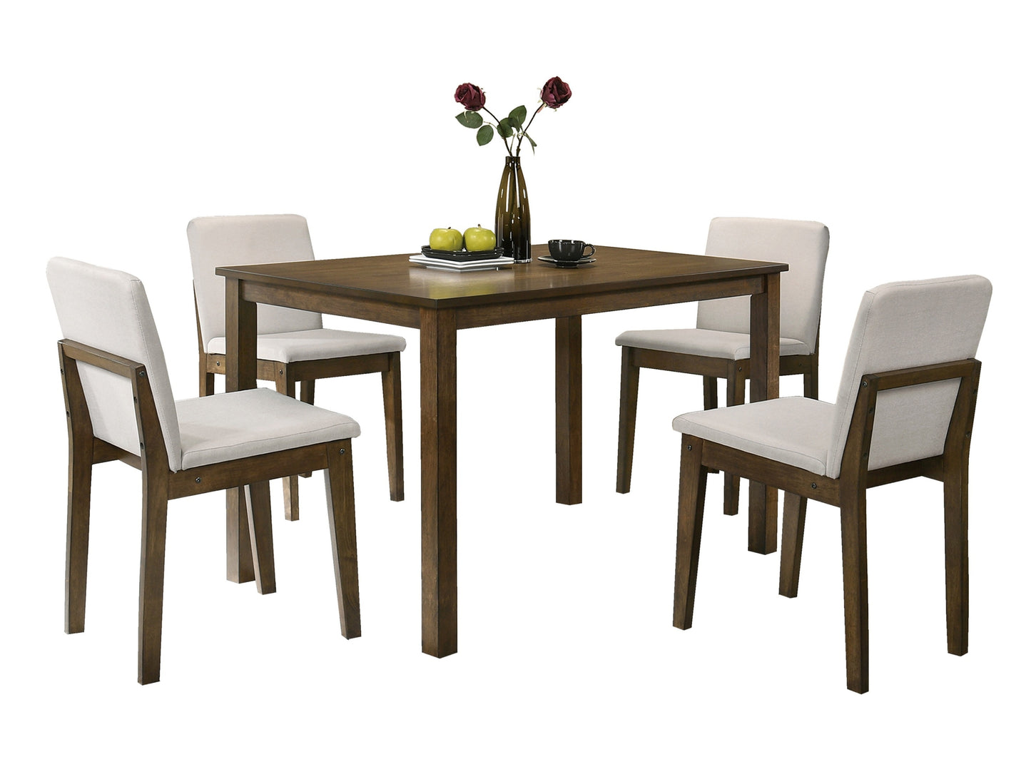 Dark Walnut Finish 5pc Dining Room Set Dining Table 4x Chairs Beige Fabric Chair Seat Kitchen Breakfast Dining room Furniture Rubberwood Veneer Unique Design