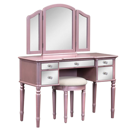 GO 43" Dressing Table Set with Mirrored Drawers and Stool, Tri-fold Mirror, Makeup Vanity Set for Bedroom, Rose Gold