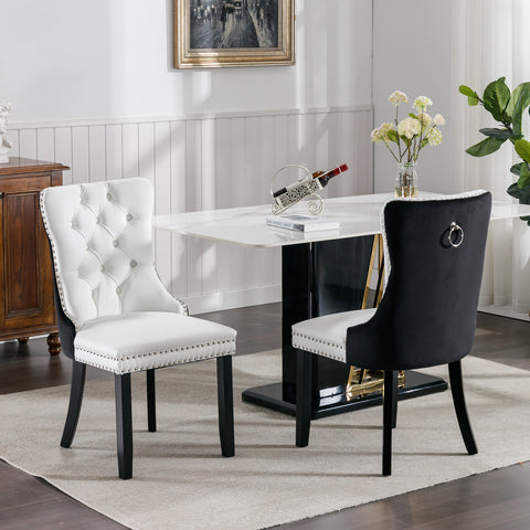 A&A Furniture,Nikki Collection Modern, High-end Tufted Solid Wood Contemporary PU and Velvet Upholstered Dining Chair with Wood Legs Nailhead Trim  2-Pcs Set，White+Black, SW2101WB