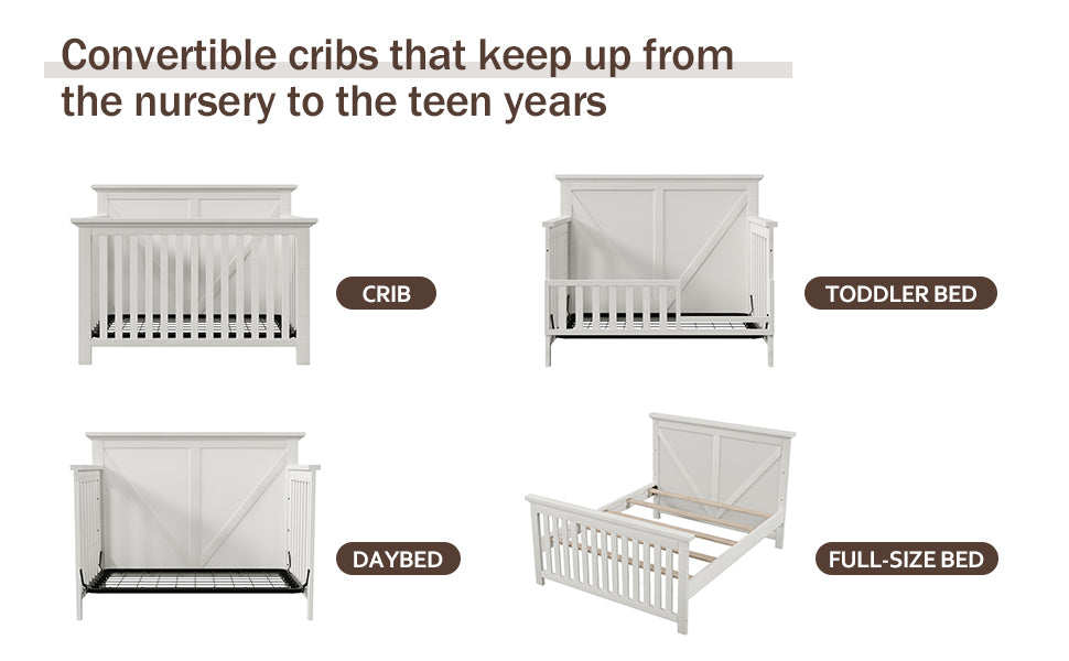 Rustic Farmhouse Style Whitewash 4-in-1 Convertible Baby Crib - Converts to Toddler Bed, Daybed and Full-Size Bed, White