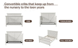 Rustic Farmhouse Style Whitewash 4-in-1 Convertible Baby Crib - Converts to Toddler Bed, Daybed and Full-Size Bed, White