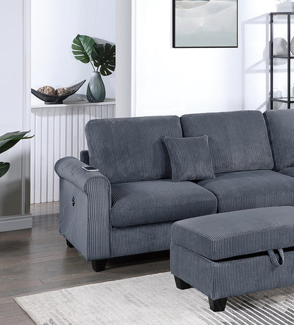 Contemporary Dark Gray 3pc Sectional Set Corduroy Upholstered LAF Sofa RAF Chaise Ottoman L-Sectional Living Room Furniture