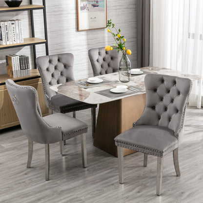 A&A Furniture,Nikki Collection Modern, High-end Tufted Solid Wood Contemporary Velvet Upholstered Dining Chair with Chrome Stainless Steel Plating Legs,Nailhead Trim,Set of 2,Gray and Chrome, SW1701GY