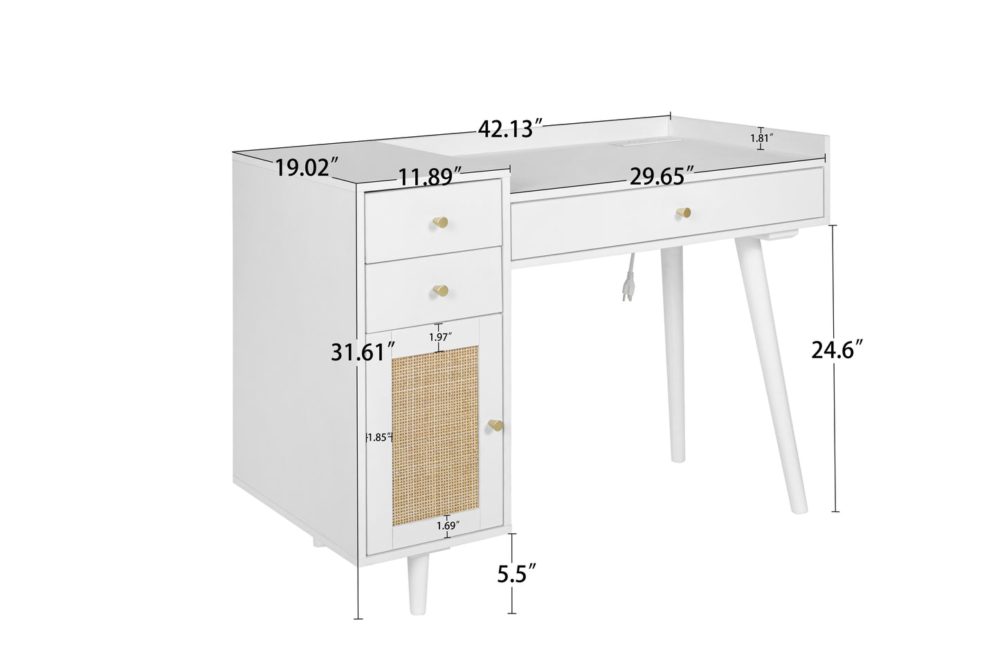 Makeup Vanity with Drawers, Mid-Century Dressing Table White Wood Desk with Rattan Door