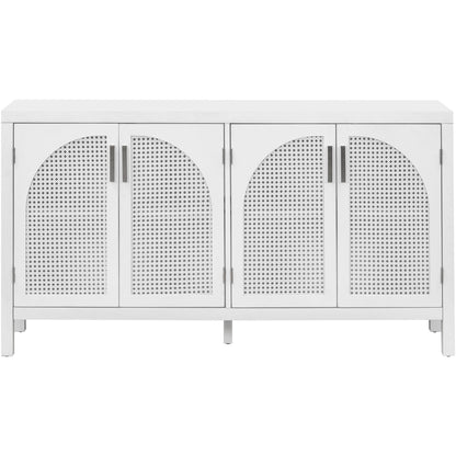 TREXM Large Storage Space Sideboard with Artificial Rattan Door and Metal Handles for Living Room and Entryway (White)