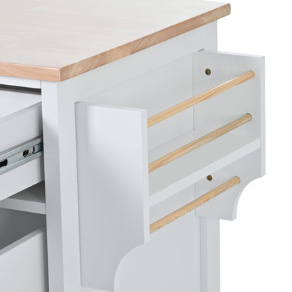 K&K Store Kitchen Cart with Rubber Wood Countertop , Kitchen Island has 8 Handle-Free Drawers Including a Flatware Organizer and 5 Wheels for Kitchen Dinning Room, White