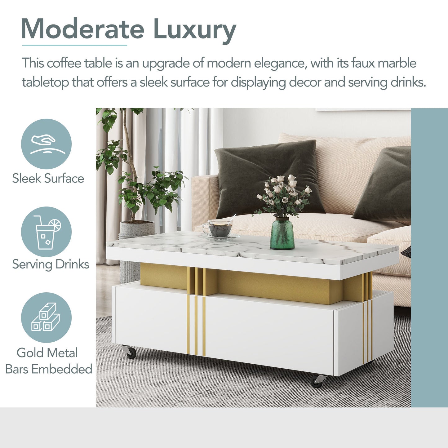 ON-TREND Contemporary Coffee Table with Faux Marble Top, Rectangle Cocktail Table with Caster Wheels, Moderate Luxury Center Table with Gold Metal Bars for Living Room, White