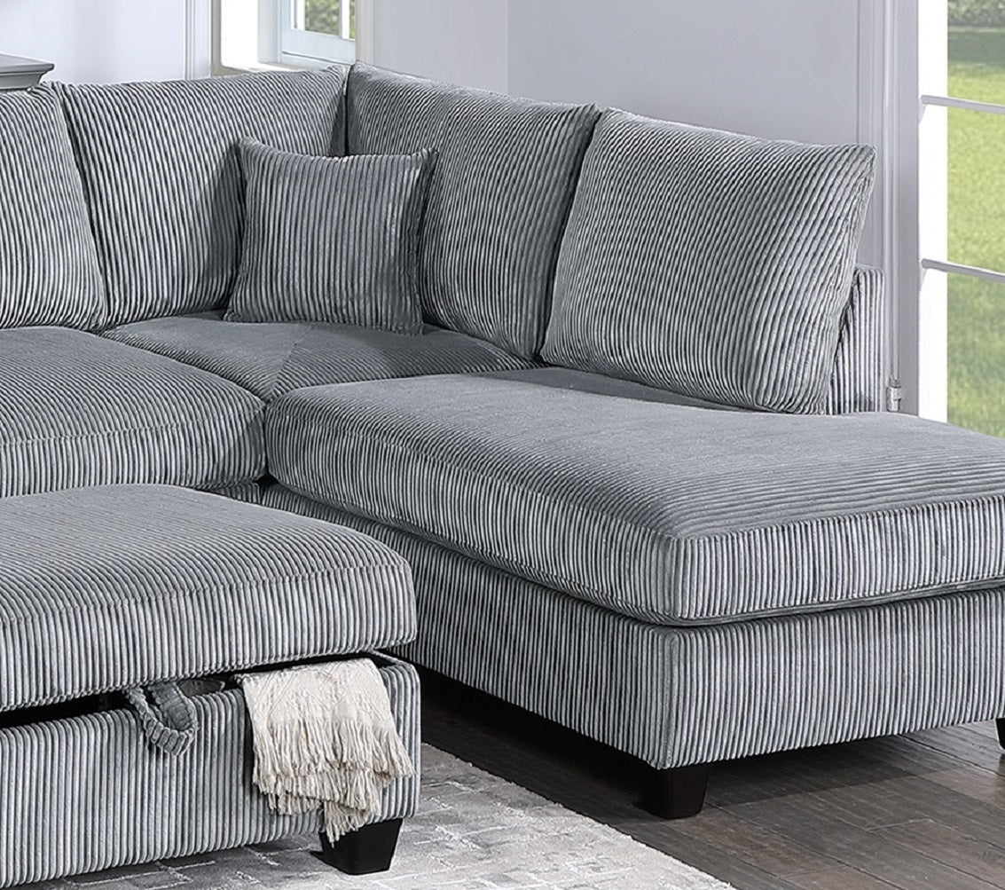 Contemporary 3pc Sectional Set Fog Color Corduroy Couch LAF Sofa RAF Chaise Ottoman L-Sectional Living Room