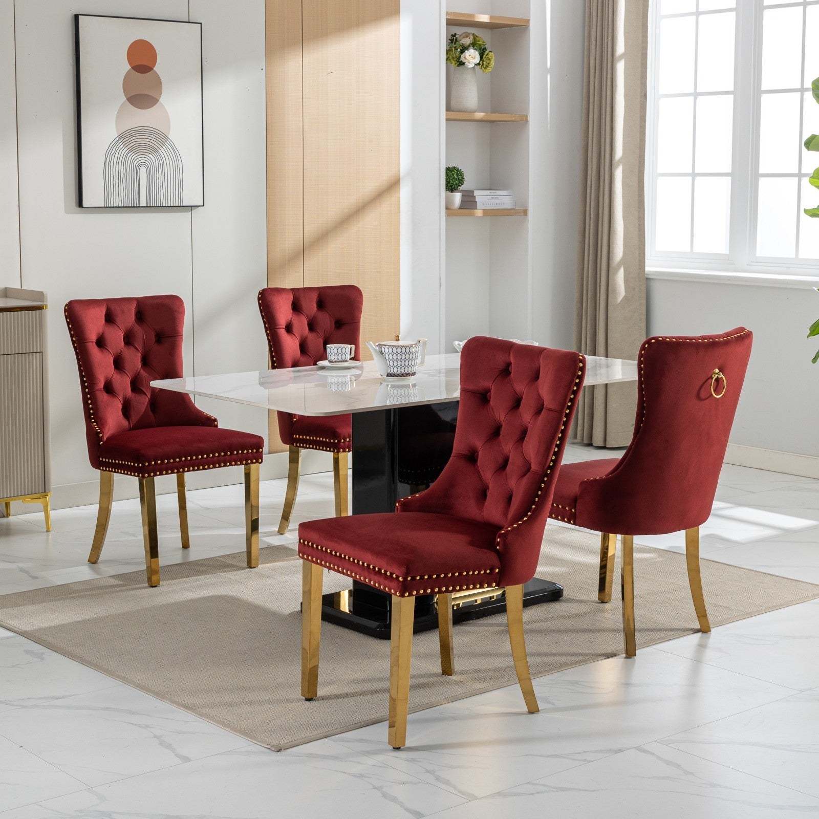 Nikki Collection Modern, High-end Tufted Solid Wood Contemporary Velvet Upholstered Dining Chair with Golden Stainless Steel Plating Legs,Nailhead Trim,Set of 2,Wine Red and Gold, SW1601WR,Burgundy