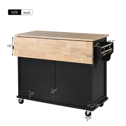 Kitchen Cart with Rubber wood Drop-Leaf Countertop, Concealed sliding barn door adjustable height,Kitchen Island on 4 Wheels with Storage Cabinet and 2 Drawers,L52.2xW30.5xH36.6 inch, Black