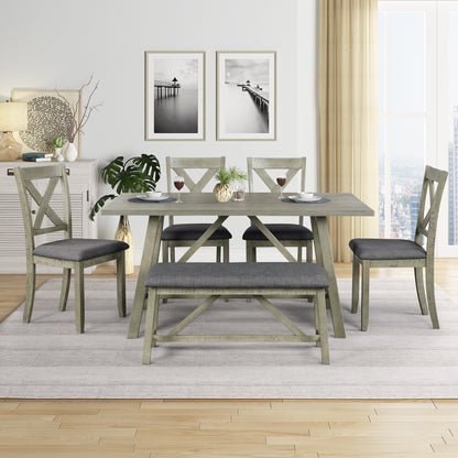 TOPMAX 6 Piece Dining Table Set Wood Dining Table and chair Kitchen Table Set with Table, Bench and 4 Chairs, Rustic Style, Gray(No Difference with SH000109AAE)