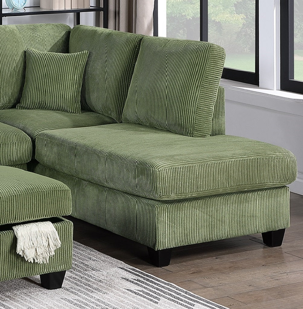 Gorgeous Sage Color 3pc Sectional Set Corduroy Upholstered LAF Sofa RAF Chaise Ottoman L-Sectional Living Room Furniture