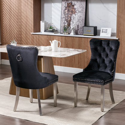 Nikki Collection Modern, High-end Tufted Solid Wood Contemporary Velvet Upholstered Dining Chair with Chrome Stainless Steel Plating Legs,Nailhead Trim,Set of 2,Black and Chrome, SW1701BK