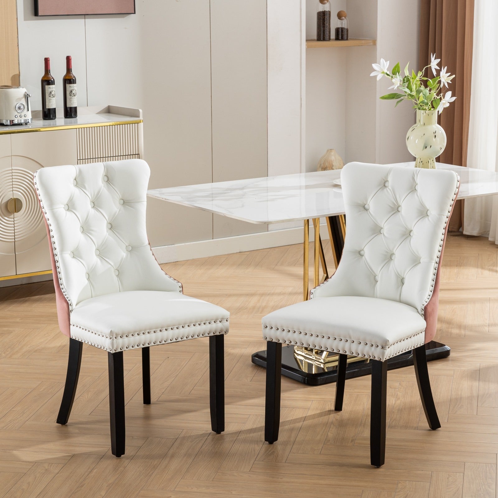 A&A Furniture, Nikki Collection Modern, High-end Tufted Solid Wood Contemporary PU and Velvet Upholstered Dining Chair with Wood Legs Nailhead Trim  2-Pcs Set, White+Pink, SW2101WP