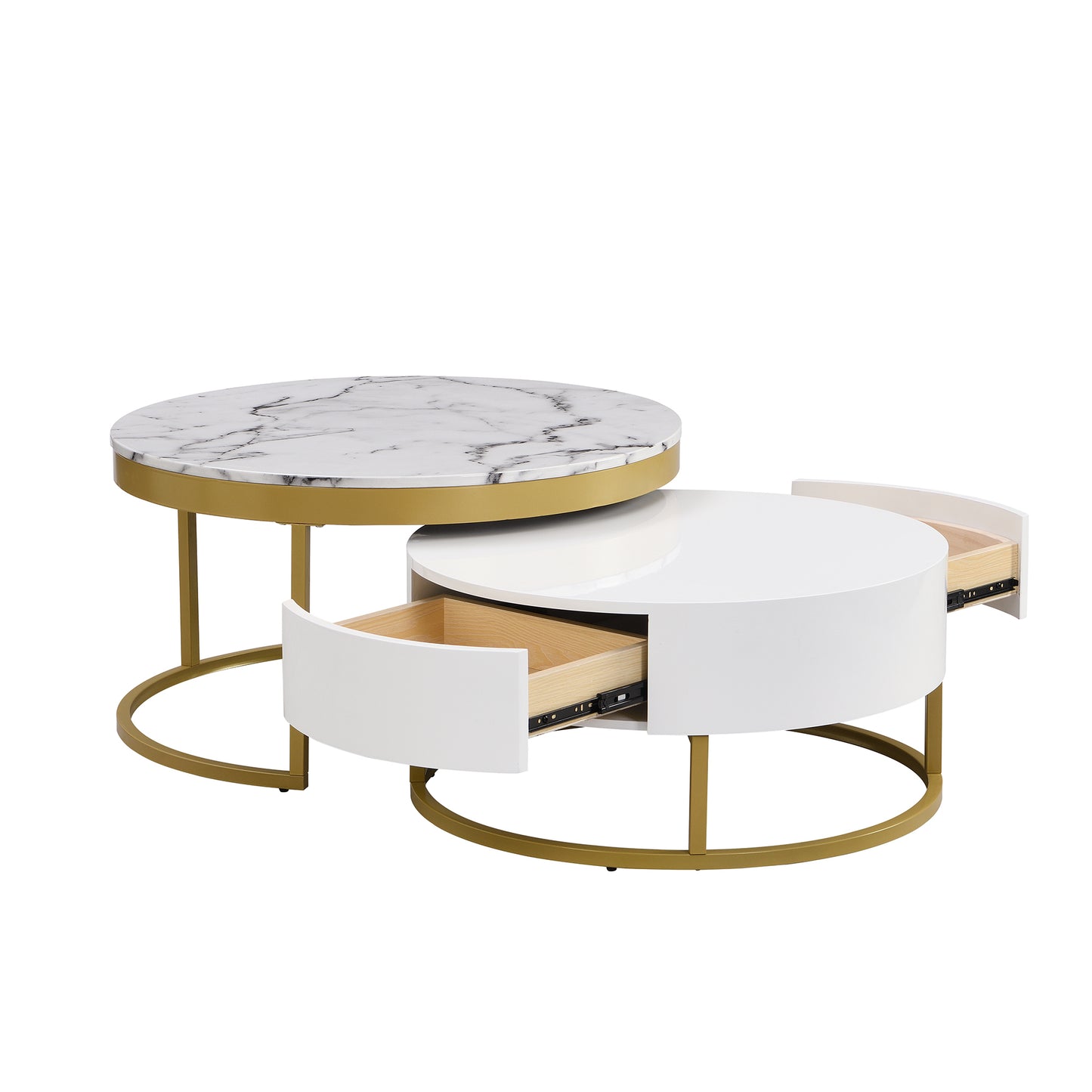 Modern Round  Nesting Coffee Table with Drawers in White