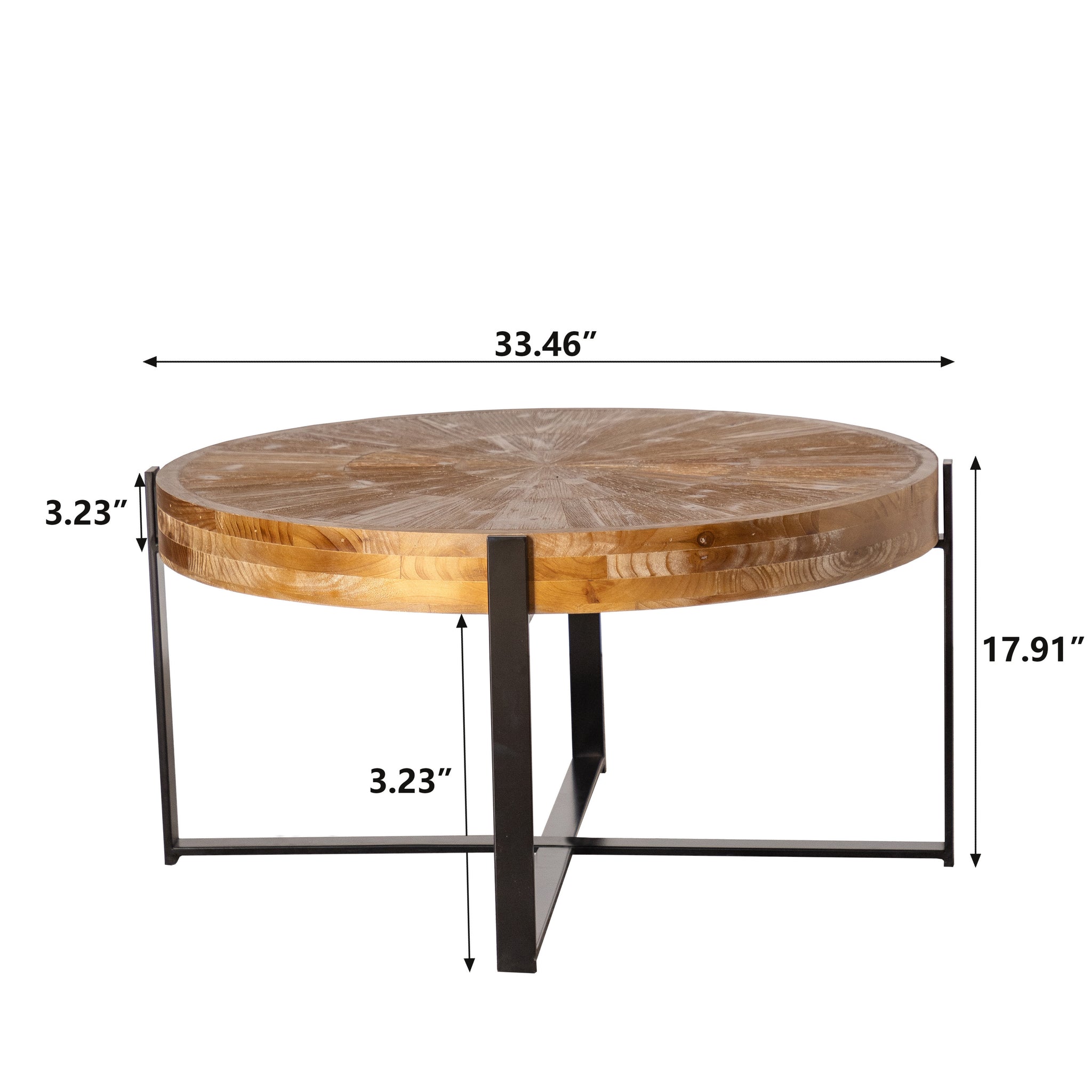 33.46"Retro drawing technology Splicing Round Coffee Table,Fir Wood Table Top with Black Cross Legs Base