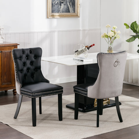 A&A Furniture,Nikki Collection Modern, High-end Tufted Solid Wood Contemporary PU and Velvet Upholstered Dining Chair with Wood Legs Nailhead Trim  2-Pcs Set，Black+Gray, SW2101BG