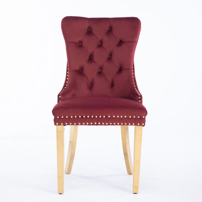 Nikki Collection Modern, High-end Tufted Solid Wood Contemporary Velvet Upholstered Dining Chair with Golden Stainless Steel Plating Legs,Nailhead Trim,Set of 2,Wine Red and Gold, SW1601WR,Burgundy