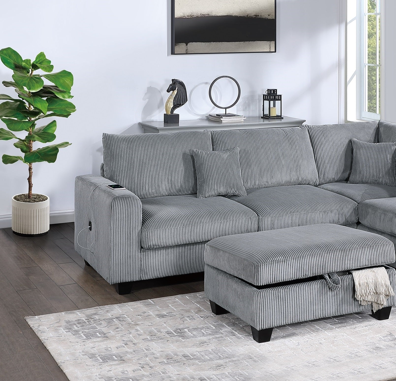 Contemporary 3pc Sectional Set Fog Color Corduroy Couch LAF Sofa RAF Chaise Ottoman L-Sectional Living Room