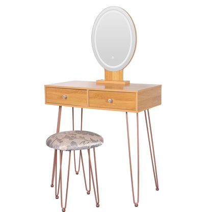 Dressing Table Vanity Set with 3-Color Dimmable Lighted Mirror Makeup Desk with 2 Drawers and Yellow Padded Stool On-Sit