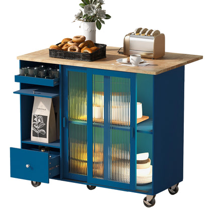 Kitchen Island with Drop Leaf, LED Light Kitchen Cart on Wheels with 2 Fluted Glass Doors and 1 Flip Cabinet Door, Large Kitchen Island Cart with an Adjustable Shelf and 2 Drawers (Navy Blue)