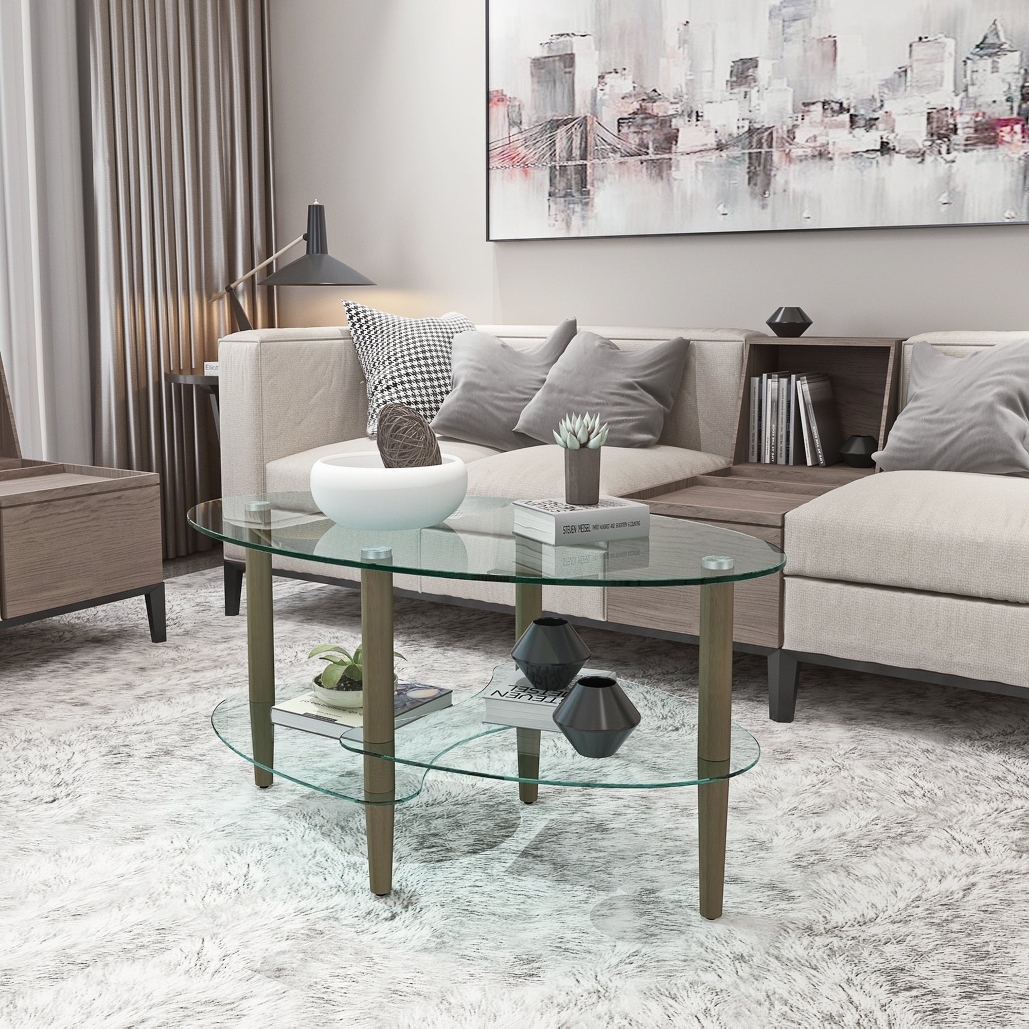 Transparent Oval glass coffee table, modern table in living room Oak wood leg tea table 3-layer  glass table