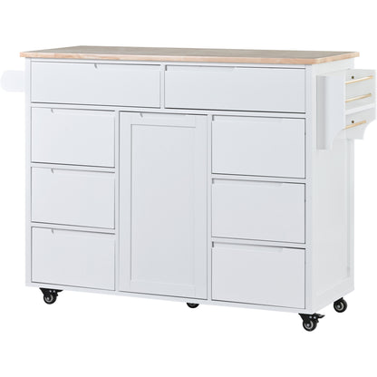 K&K Store Kitchen Cart with Rubber Wood Countertop , Kitchen Island has 8 Handle-Free Drawers Including a Flatware Organizer and 5 Wheels for Kitchen Dinning Room, White