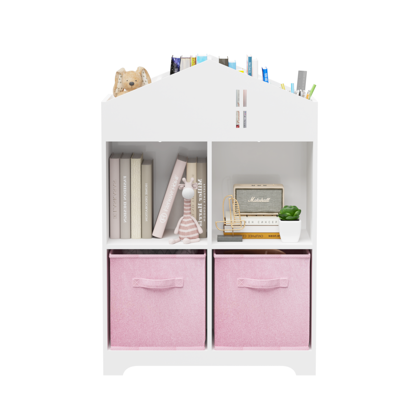 Kids Dollhouse Bookcase with Storage, 2-Tier Storage Display Organizer, Toddler Bookshelf with 2 Collapsible Fabric Drawers for Bedroom or Playroom (White/Pink)