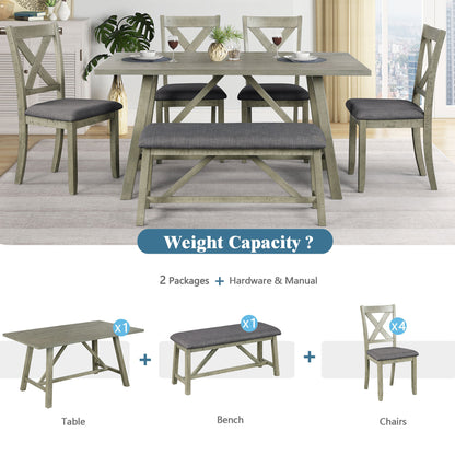 TOPMAX 6 Piece Dining Table Set Wood Dining Table and chair Kitchen Table Set with Table, Bench and 4 Chairs, Rustic Style, Gray(No Difference with SH000109AAE)