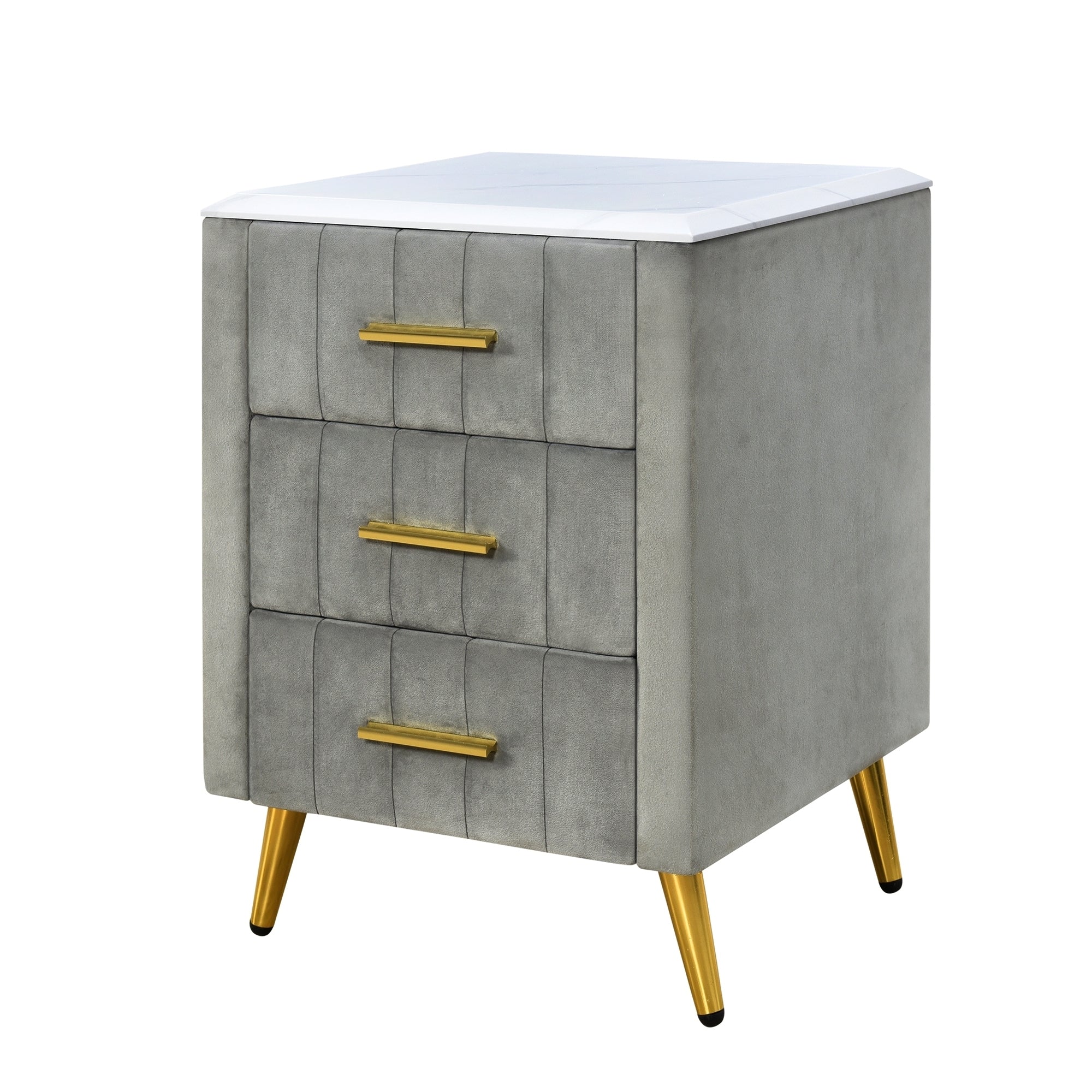 Upholstered Wooden Nightstand with 3 Drawers and Metal Legs&Handles,Fully Assembled Except Legs&Handles,Bedside Table with Marbling Worktop - Gray