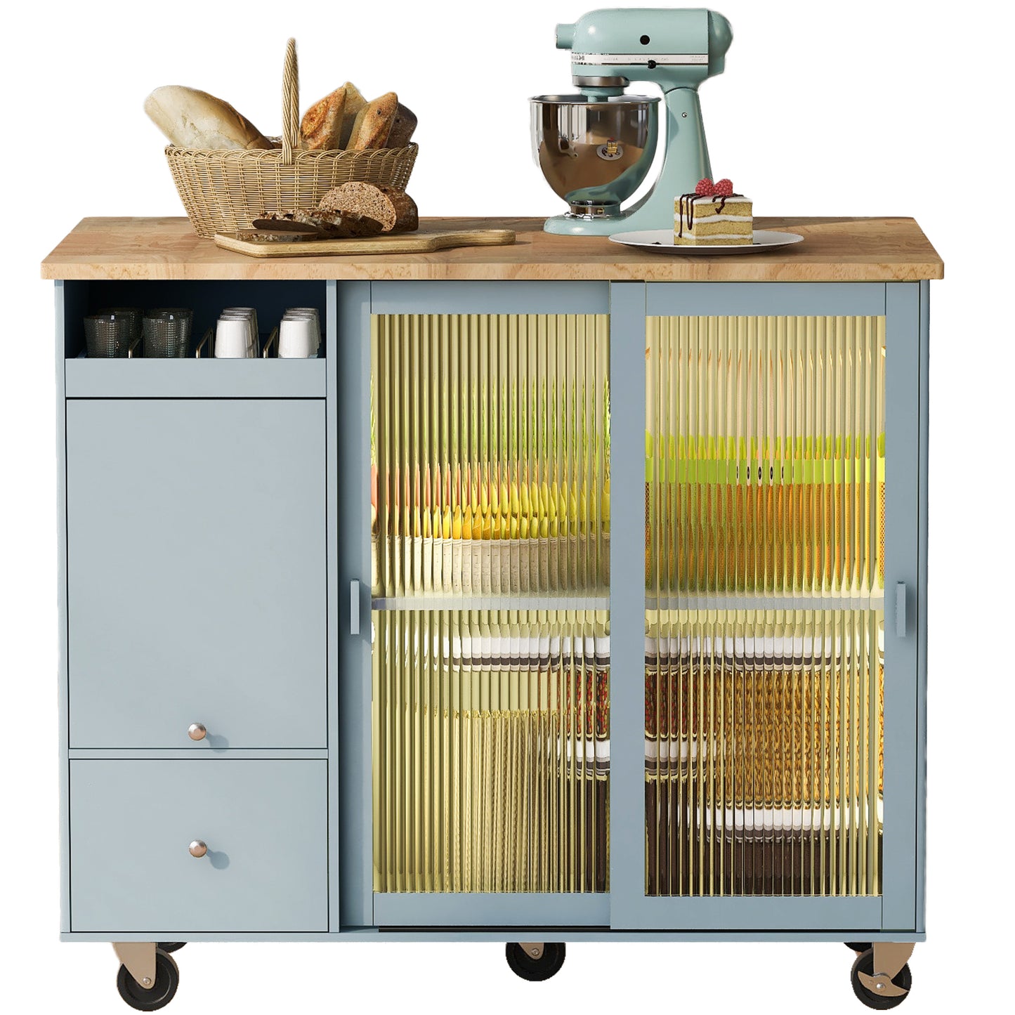 Kitchen Island with Drop Leaf, LED Light Kitchen Cart on Wheels with 2 Fluted Glass Doors and 1 Flip Cabinet Door, Large Kitchen Island Cart with an Adjustable Shelf and 2 Drawers (Grey Blue)