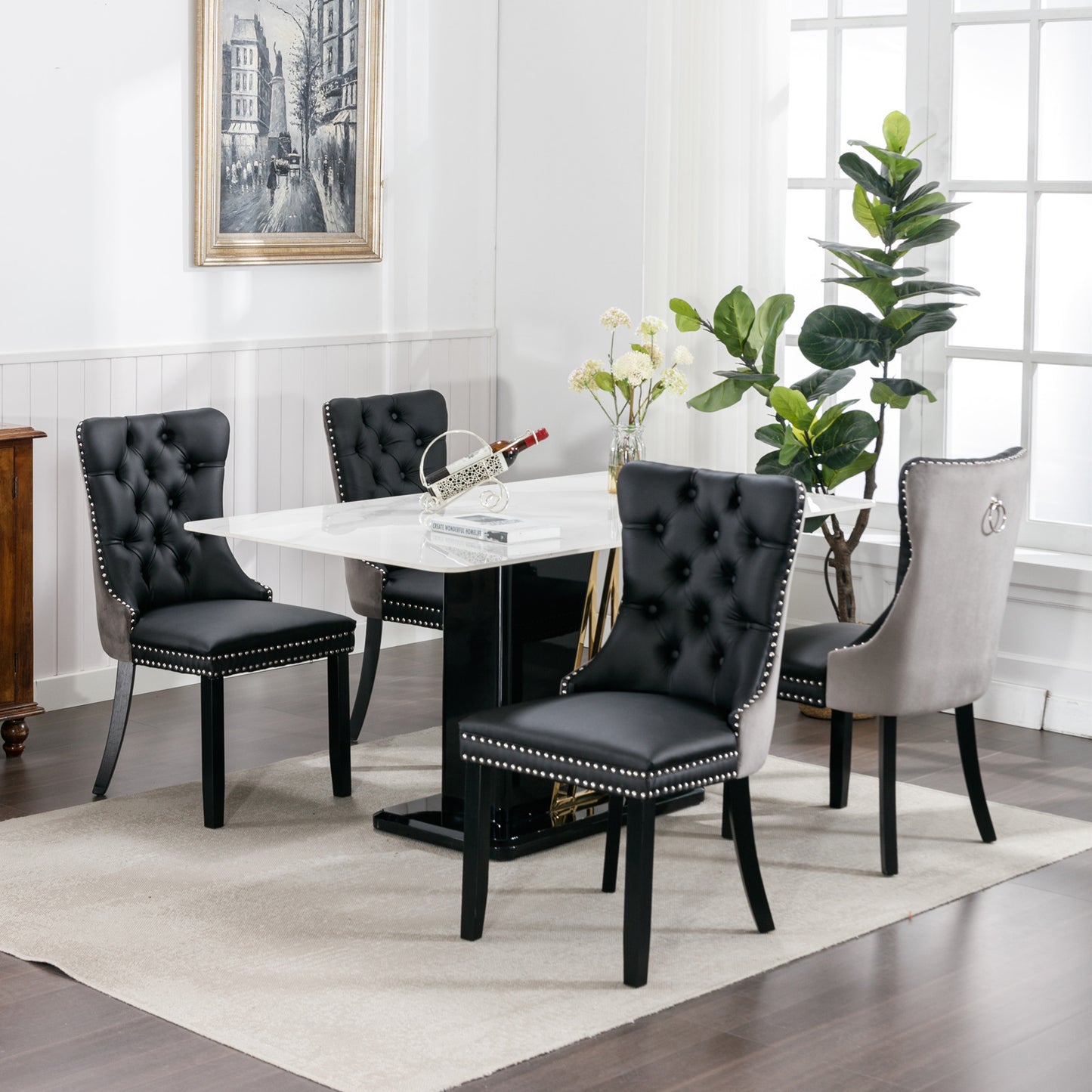 A&A Furniture,Nikki Collection Modern, High-end Tufted Solid Wood Contemporary PU and Velvet Upholstered Dining Chair with Wood Legs Nailhead Trim  2-Pcs Set，Black+Gray, SW2101BG