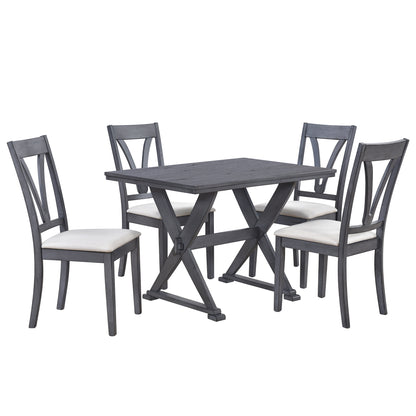 TOPMAX Mid-Century Wood 5-Piece Dining Table Set with 4 Upholstered Dining Chairs for Small Places, Antique Grey