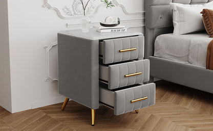 Upholstered Wooden Nightstand with 3 Drawers and Metal Legs&Handles,Fully Assembled Except Legs&Handles,Bedside Table with Marbling Worktop - Gray