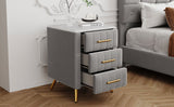 Upholstered Wooden Nightstand with 3 Drawers and Metal Legs&Handles,Fully Assembled Except Legs&Handles,Bedside Table with Marbling Worktop - Gray