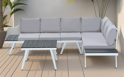 TOPMAX Industrial 5-Piece Aluminum Outdoor Patio Furniture Set, Modern Garden Sectional Sofa Set with End Tables, Coffee Table and Furniture Clips for Backyard, White+Grey