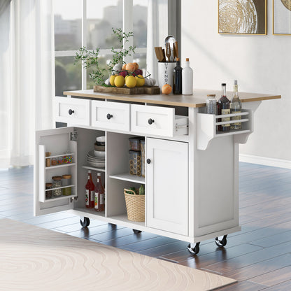 Kitchen Cart with Rubber wood Drop-Leaf Countertop ,Cabinet door internal storage racks,Kitchen Island on 5 Wheels with Storage Cabinet and 3 Drawers for Dinning Room,White