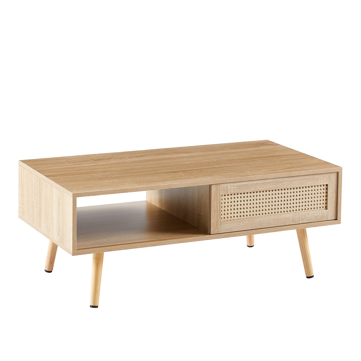 41.34" Rattan Coffee table, sliding door for storage, solid wood legs, Modern table  for living room , natural