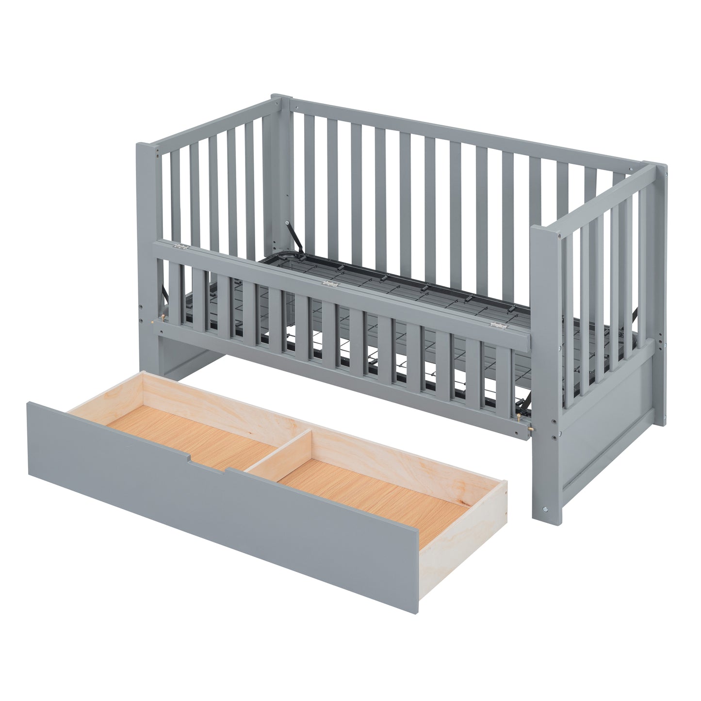 Convertible Crib/Full Size Bed with Drawers and 3 Height Options, Gray